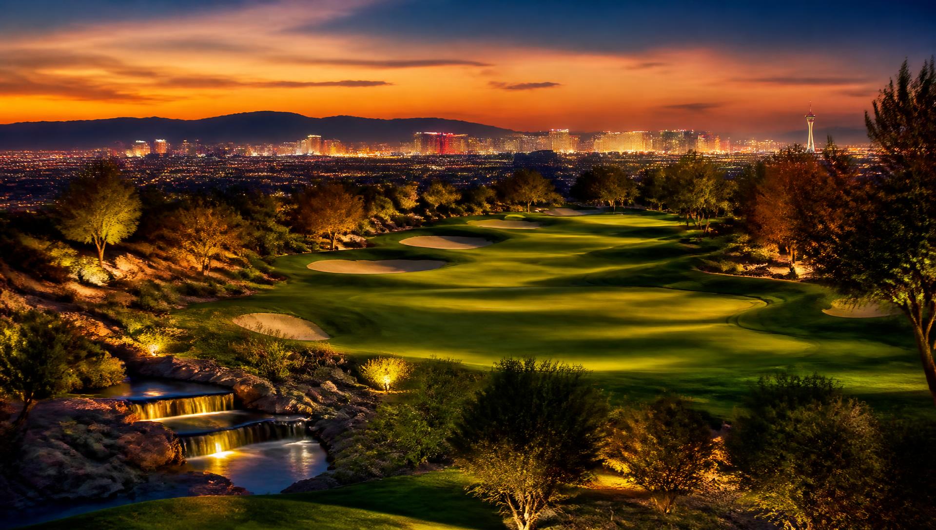 Las Vegas skyline glowing beyond a desert golf fairway